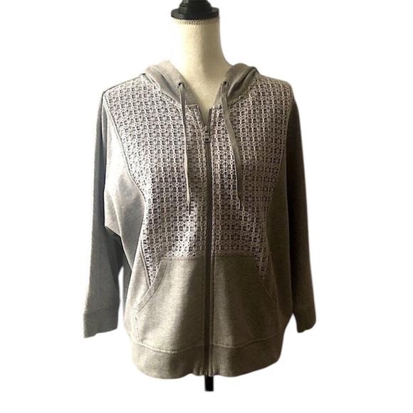 Ruby Road women’s grey heather 3/4 sleeve hoodie with white lace Size small - Picture 1 of 3